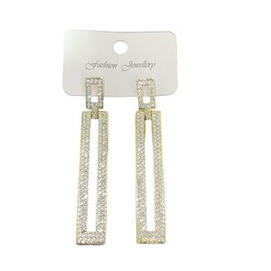 Gold Diamante Rectangle Drop Earrings, Gold tone base metal